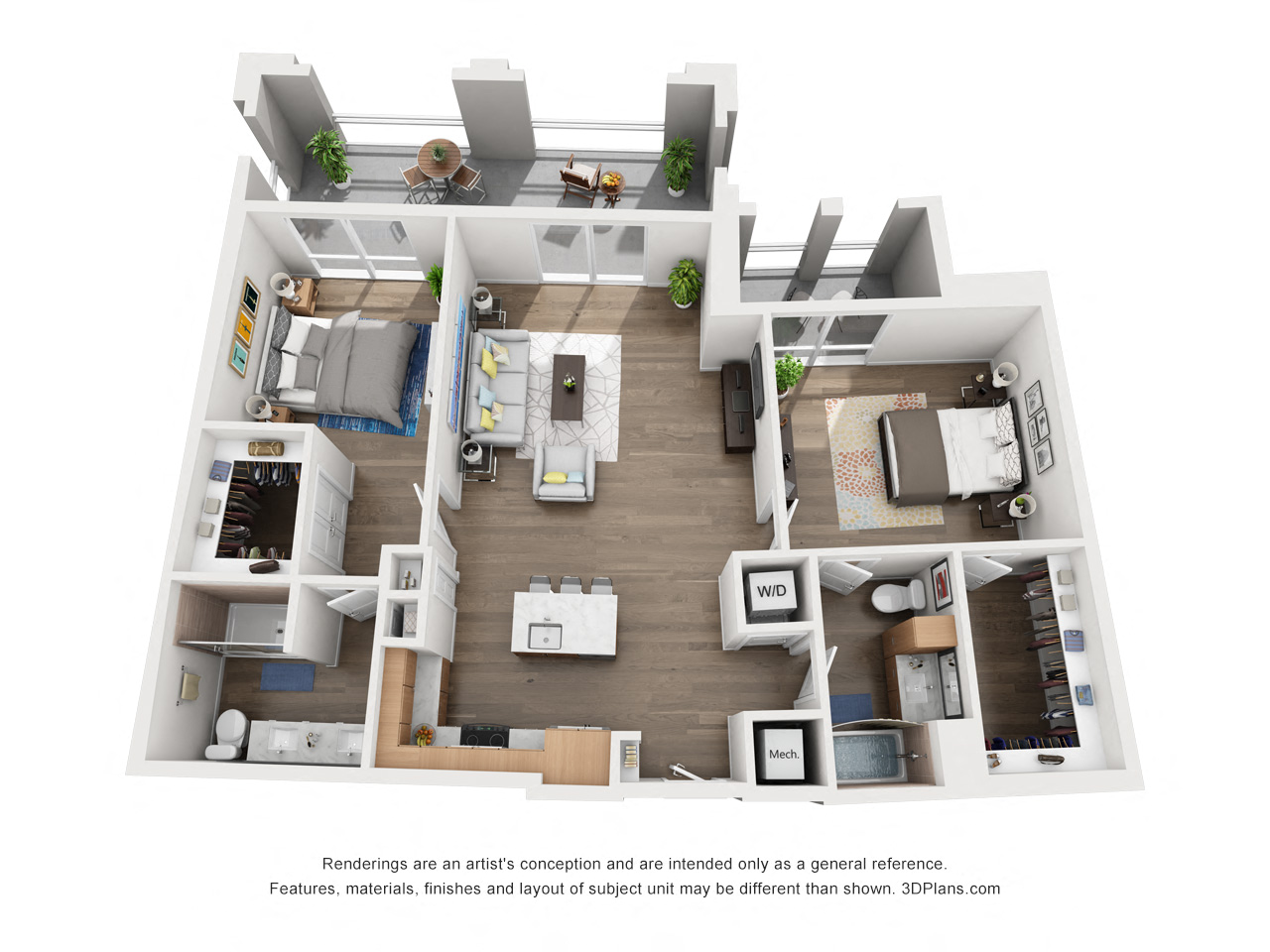 Floor plan for 2 beds, 2 baths, 1187 sqft